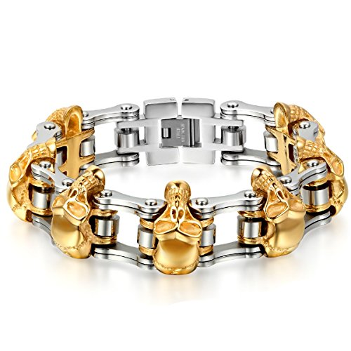 JewelryWe Schmuck Herren Armband, Edelstahl, Gotik Totenkopf Schädel Fahrradkette Biker Link, Gold Silber