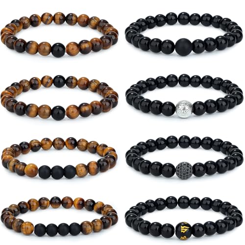 Adramata 6-8Pcs 8mm Tigerauge Armband für Männer Frauen Naturstein Armband Yoga Perlen Achat Elastische Armbänder Herren Armbänder Set Geburtstagsgeschenk für Männer