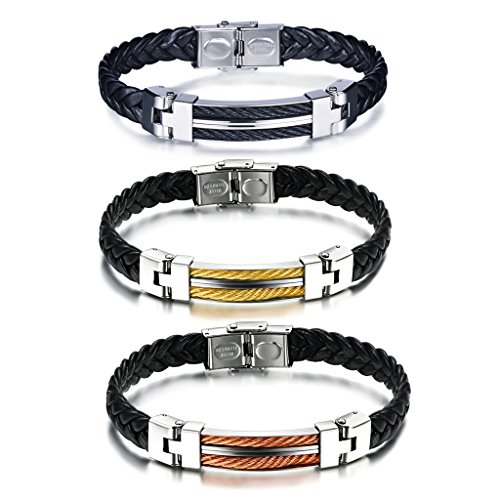 Yumilok Herren Armbänder Edelstahl Lederarmband für Männer in schwarz & Gold & Orange Manschetten Armreifen Armschmuck für Männer Jungen 3 Stück