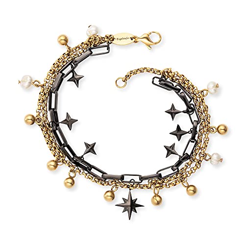 Engelsrufer Damen Armband Boho aus schwarzem und vergoldetem Edelstahl mit Sterne und Perlen Anhänger - in zwei Längen verstellbar - nickelfrei