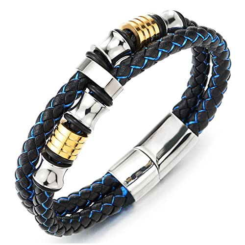 COOLSTEELANDBEYOND Doppel-Lap Schwarz Blau Geflochtenem Lederarmband Herren Armband Leder Schweißband Silber Gold Edelstahl Verschluss