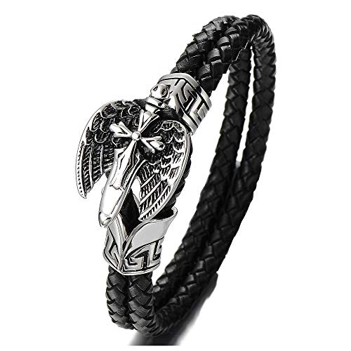 COOLSTEELANDBEYOND Herren Edelstahl Kreuz Armband Schwarz Geflochtenem Leder Armband