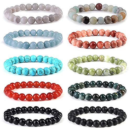 JeweBella 10Stück Natürliche Edelstein Armbänder Damen Herren Perlen Armbänder Rotes Achat Grünes Aventurin Türkisfarbenes Obsidian Armband Paare Stretch Armbänder Schmuck