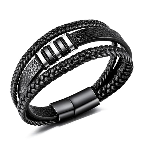 MYZTTZR Cuban chain,21cm, Edelstahl-Leder Fossil Armband Herren, Mikrofaser-Leder Flecht Persönlichkeiten Armband Mit Magnet Verschluss Armschmuck