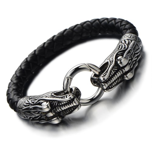 COOLSTEELANDBEYOND Edelstahl Drachen Herren Armband Schwarz Lederarmband Geflochtenem Leder Armreif Biker