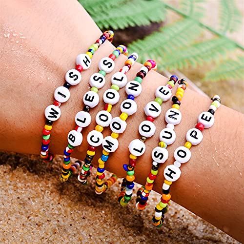 XXXXW Armbänder für Damen 8 stücke Bunte Samenperlen Charme Brief Armband Dehnbare Hoffnung Boho Freundschaft Femme Schmuck