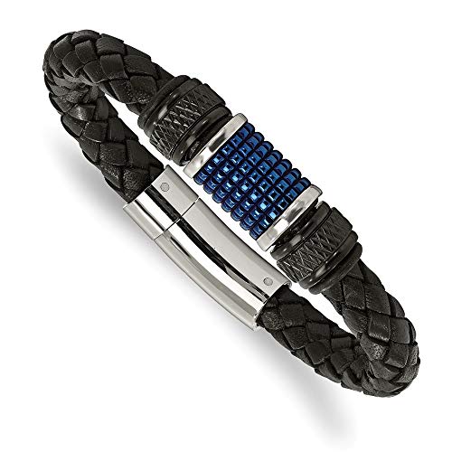 Edelstahl poliert BLK und Blau IP BLK Gummi BLK Leder Armband – 23 cm