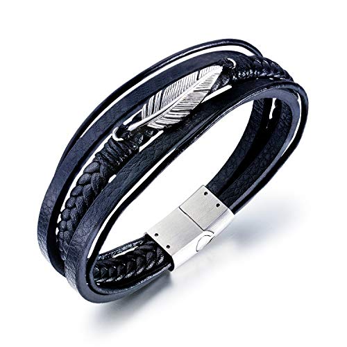 Aleasha Feder Leder Armband für Herren mit Edelstahl Magnet Verschluss ArmbäNder Schmuck Geschenk Silber