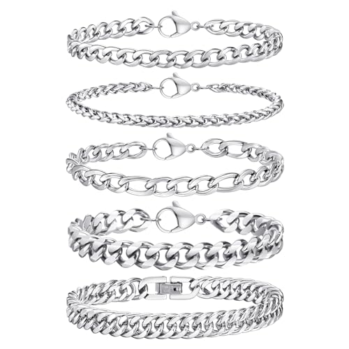TempBeau Armband Herren Silber Armkette : 5Pcs Armbänder für Männer Edelstahl 19cm Armreif Panzerkette Hip Hop Rapper Glieder Link Armkette Modeschmuck fur papa freund Schmuck Geschenk