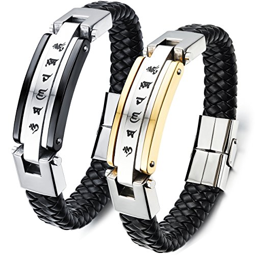 Flongo 2 PCS Edelstahl Echtleder Armband Armreifen Manschette Gold Silber Schwarz Tibetischen Mantra Amulett Geflochten Punk Rock Motorradfahrer Biker Herren