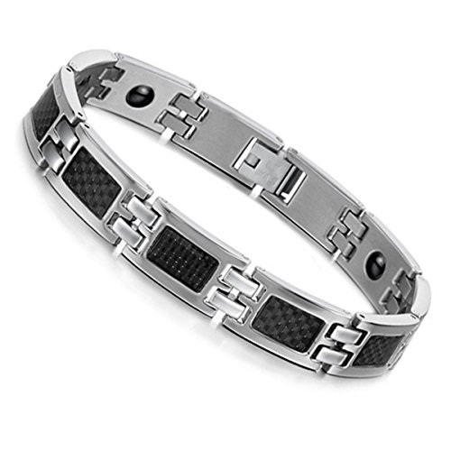 Flongo Herren Armband Magnetarmband 11mm Kohlenstoff-Faser Energie magnetischen Stein Edelstahl Armbänder für Paar Wolframcarbid Wolfram Armband Armreif Magnet Geschenk für Männer Damen schwarz silber