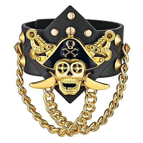 JewelryWe Herren Breit Lederarmband Totenkopf: Gotik Punk Fluch der Karibik Kapitän Piraten Schädel Kette Leder Manschette Armband Armreif für Männer Schwarz Gold