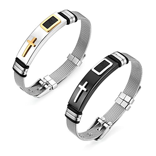 JewelryWe Schmuck 2pcs Herren Armband, Klassisch Kreuz Mesh Kette Armreif, Edelstahl Gummi Kautschuk, verstellbare Größe, Schwarz Gold Silber, Kostenlose Gravur