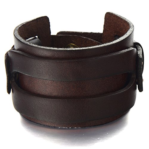 COOLSTEELANDBEYOND Braun Lederarmband für Herren Rock Punk Armreif Echtes Leder mit Schnallen
