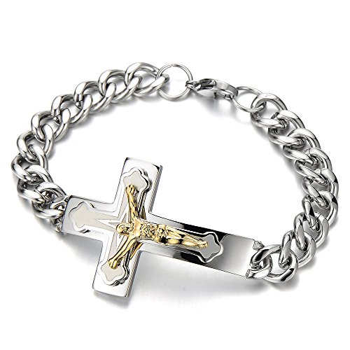 COOLSTEELANDBEYOND Herren Edelstahl Jesus Christus Kruzifix Kreuz-Armband Panzerkette Armband Poliert Farbe Silber Gold