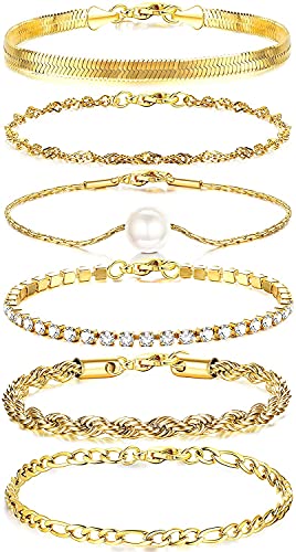 Milacolato 6Pcs Kettenarmbänder Set für Damen Verstellbare Mode 18 Karat Vergoldet Zierliche Edelstahl Twist Figaro Fischgrätenkette Kette Zirkonia Link Armband Schmuck