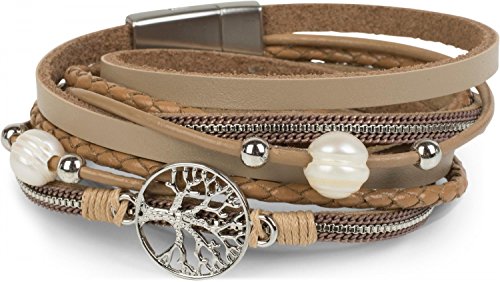 styleBREAKER Wickelarmband mit Perlen, Ketten, Flechtelement und Lebensbaum Anhänger, Magnetverschluss, Armband, Damen 05040070, Farbe:Hellbraun