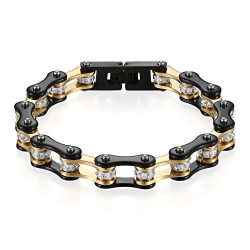 JewelryWe Schmuck Herren Armband, Top-Qualität Fahrradkette Motorradkette Hochglanz Poliert Armkette, Edelstahl Strass, Schwarz Gold