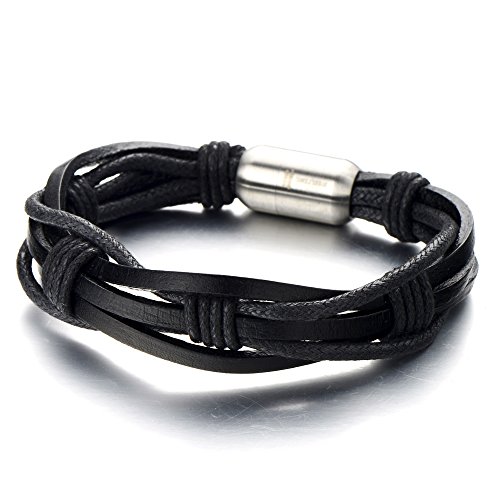COOLSTEELANDBEYOND Geflochtenem Lederarmband Herren Damen Armband Multi-Strang Schwarz Leder Schweißband mit Edelstahl Leiterverschluss
