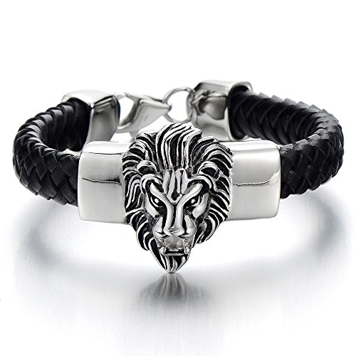 COOLSTEELANDBEYOND Geflochtenes Leder-Armband für Herren mit Edelstahl Löwe und Schwarz Echtes Leder Biker Armband