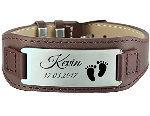 aplusashop ID Leder Armband mit Edelstahlplatte inkl. Gravur nach Wunsch in 3 Varianten Schwarz/braun Neu (Braun + Silberne Platte)