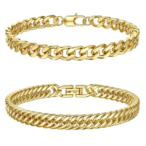 Dochais Herren Armband Gold Edelstahl Armbänder Panzerkette - 2 Stücke Silber Herren armbänder für Männer Kubanische Armband 8mm Breite 21cm Länge Geschenke für Papa Sohn Bruder Ehemann