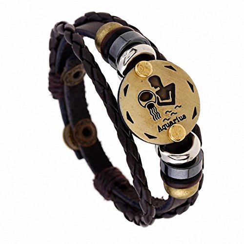 Kalapure Vintage Punk Holz Perlen Legierung Leder Armband für Damen Herren Konstellation geflochtenes Seil Armband Armreif 21,6 cm, Blau (Aquarius)