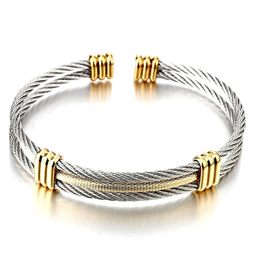 COOLSTEELANDBEYOND Edelstahl Elastische Herren Damen Armband Verstellbare Stahlkabel Armreif Silber Gold Zweifarbig