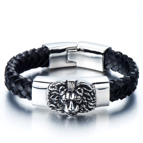 COOLSTEELANDBEYOND Geflochtenes Leder-Armband für Herren mit Edelstahl Löwe und Schwarz Echtes Leder Biker Armband