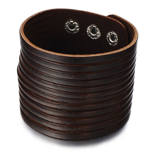 COOLSTEELANDBEYOND Herren Damen Lederarmband Breites Leder Schweißband Braun Echtes Leder Multi-Strang mit Druckknöpfe