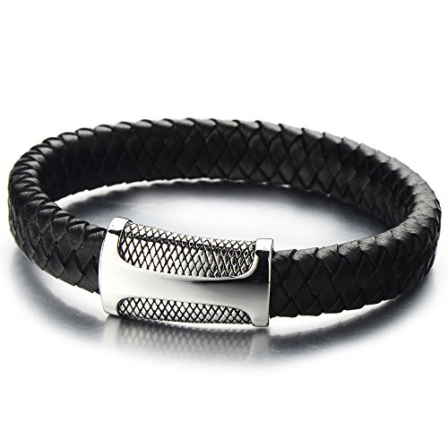 COOLSTEELANDBEYOND Retro-Stil Geflochtene Lederarmband Herrenarmband Damen-Armband Schwarz Echtes Leder Armreif mit Edelstahl Magnetverschluss