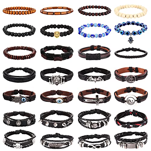 Kakonia 28 Stück geflochtene Lederarmbänder für Männer Frauen Böser Blick Perlenarmbänder Punk Rock Vintage handgefertigte Perlenmanschetten Wickel verstellbare Armband Armbänder Set schwarz braun