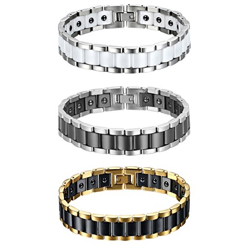 JewelryWe Schmuck 3pcs Herren Magnet Armband, Edelstahl Keramik, Fashion I Rechteck Link Magnetarmband Armreif, Silber Gold Schwarz Weiß