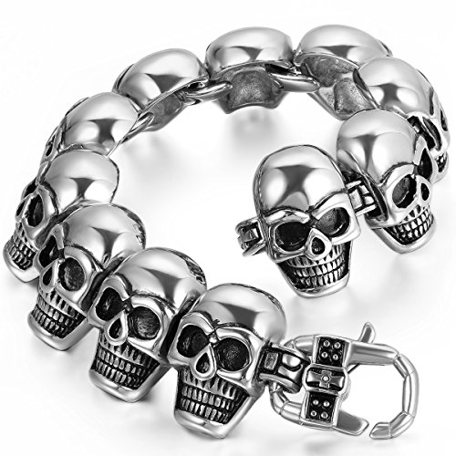 JewelryWe Schmuck Herren Armband, Schwere Biker Gotik Totenkopf Schädel Armreif, Edelstahl, Silber