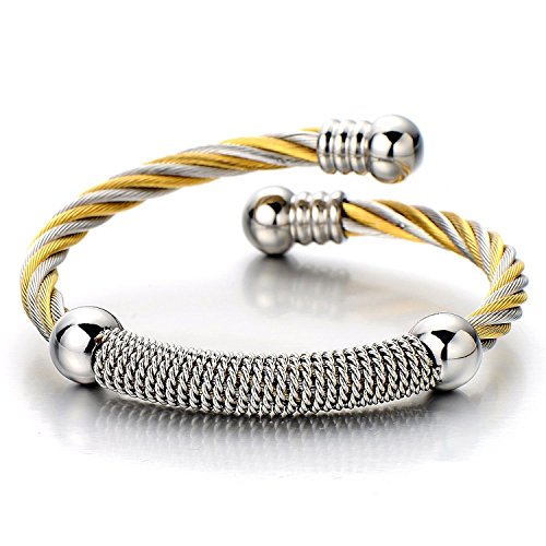 COOLSTEELANDBEYOND Damen-Armband Herren-Armband Verdrehten Stahlkabel Armreif aus Edelstahl Gold Silber Zwei Töne