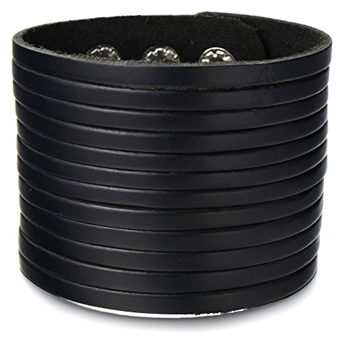 COOLSTEELANDBEYOND Rock Punk Leder-Armband für Herren Damen Breites Schweißband Armreif Schwarze Echtes Leder