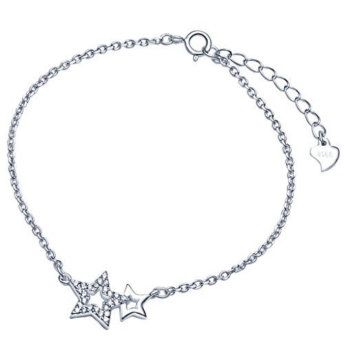 Yumilok Doppel Sterne Herz 925 Sterling Silber Zirkonia Charm Armkette Silber Gliederarmband für Damen Frauen Mädchen, 6.5 7.5  Verstellbar