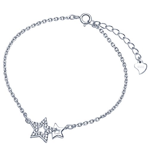 Yumilok Doppel-Sterne Herz 925 Sterling Silber Zirkonia Charm-Armband Armkette Silber Gliederarmband für Damen Frauen Mädchen, 6.5-7.5  Verstellbar