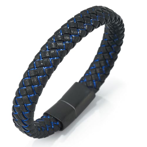 Halukakah Kinder ? Jazz Junior ? Jungen Echtes Leder Handgemachtes Geflecht Schwarz Mix Blau Armband 6-12 Jahre alt. Titan Mattierter Magnetverschluss 18cm mit Geschenkbox