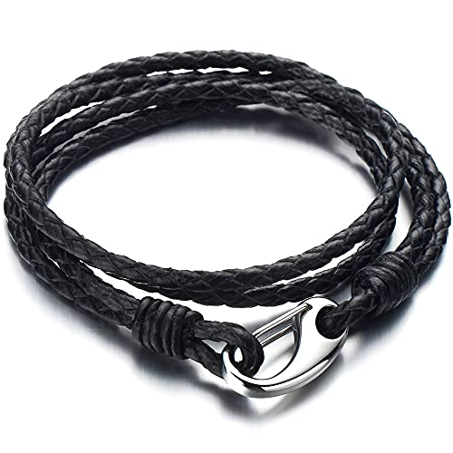 COOLSTEELANDBEYOND Doppel-Lap Schwarz Lederarmband Herren Damen Armband Geflochtenem Leder Schweißband mit Edelstahl Hakenverschluss