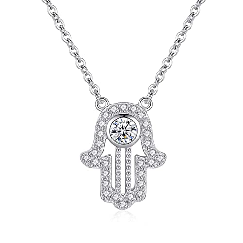 WEITING Sterlingsilber Hamsa-Hand-Halskette Glücks-Fatima-Anhänger lange Halskette Damen lange Kette Chocker-Weißgold-Farbe, 45 cm