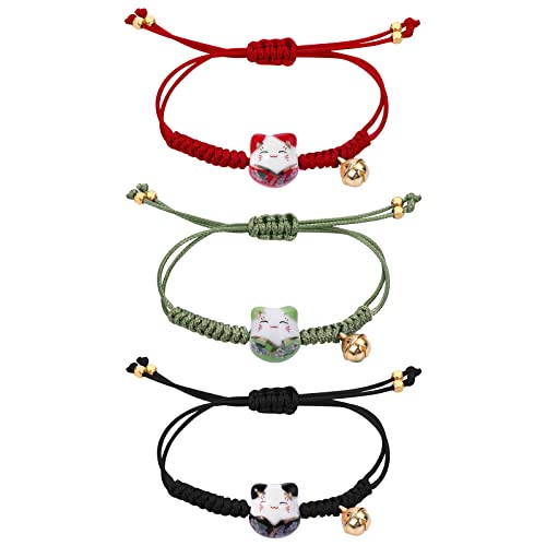 Yolev 3 Stück Glückskatze Armband Maneki Neko Niedliches Glückskatzen Keramik Perlen Armband Glücksschnur Glücksbringer Armband mit Glocke Verstellbar Lucky Cat