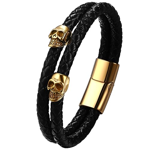 JewelryWe Lederarmband Herren Totenkopf Edelstahl - Gold Gotik Retro Totenkopf Schädel zweischichtig geflochten Kordelkette Leder Armband mit Gravur Männer Armreif Manschette Schwarz