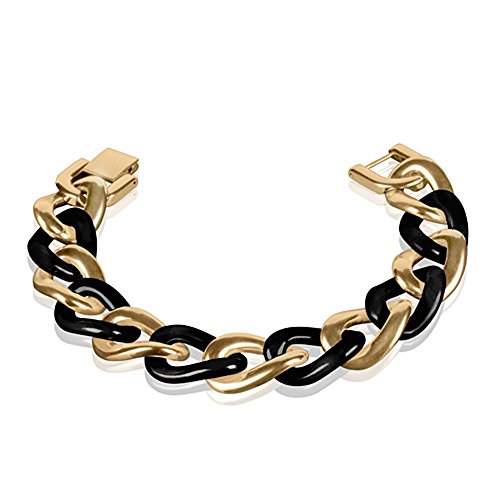 Taffstyle® Schmuck Damen Bicolor Luxus Keramik & Edelstahl Panzer Armband Bracelet Panzerarmband Gliederarmband Edelstahlarmband - Gold / Schwarz