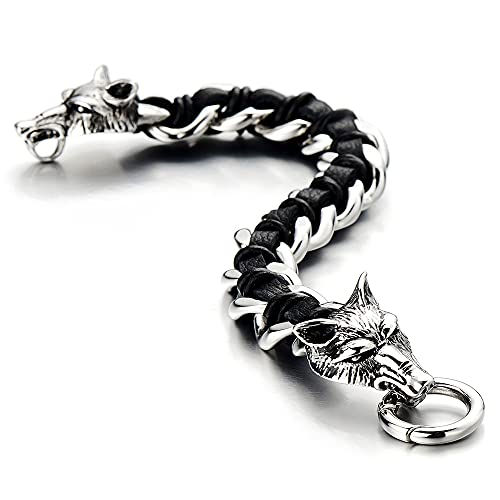 COOLSTEELANDBEYOND Wolfskopf Armband Panzerkette Geflochtenes Leder-Armband für Herren aus Edelstahl und Schwarz Echtem Leder
