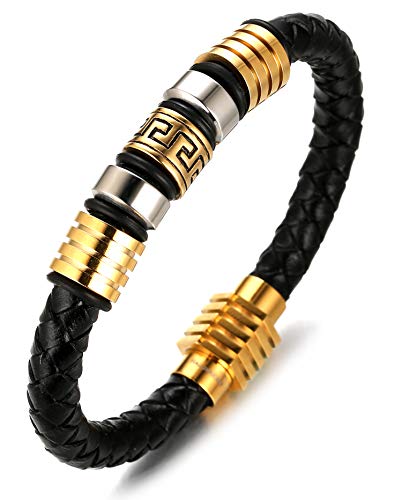 Halukakah Kinder ? Ehre Junior ? Jungen Armband Handgefertigt | Echtleder Schwarz | Magnetverschluss Edelstahl in Gold | Titan Perlen in Gold & Silber | KOSTENLOS Geschenkbox | 6-12 Y/O. 18cm