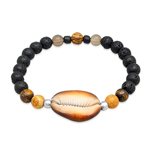 Kuzzoi Buddha Herren Naturstein Armband elastisch aus Lava- und Tigerauge Perlen (8 mm) mit oxidierten 925 Sterling Silber Elementen und einer Kauri Muschel Surferarmband Länge 19 cm