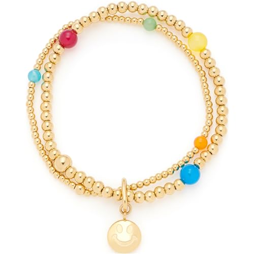 JEWELS BY LEONARDO Armband Clip & Mix Smile • elastische Arm-Kette ausgoldfarbenem Edelstahl • doppelreihig aufgefädelte Perlen durchbrochen von bunten Achat-Perlen • 19,5 cm Länge • Damen • 023750