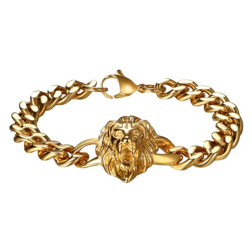 Flongo Herren Löwe Armband Edelstahl: gold Wikinger Schmuck Charms Cuban Kette mit Löwenkopf Lion Head Löwen Armkette retro biker Geschenk für Männer Damen breit Weihnachten Geburtstag Jahrestag