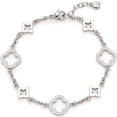 JEWELS BY LEONARDO Armband Norma • Arm-Kette aus silberfarbenem Edelstahl • Kleeblatt-Elemente besetzt mit Zirkonia-Steinchen • 18-20 cm Länge • Schmuck Geschenk • 023527